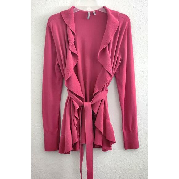 SWEATER/CARDIGAN-CASLON-Raspberry Red-Ruffles-Waist Tie-Long Sleeves-Size MED - Picture 1 of 8